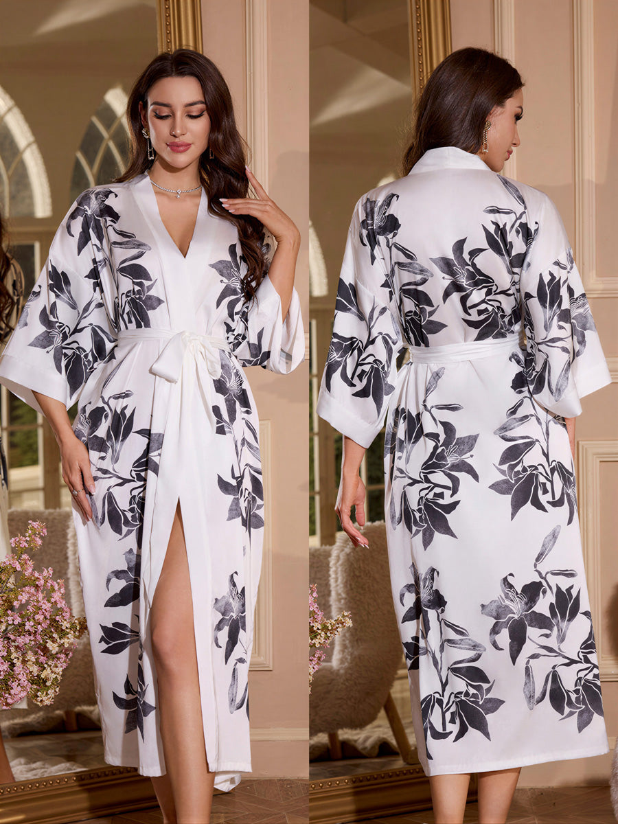 Satin Floral Kimono Robe