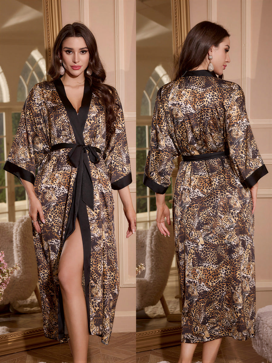 Leopard Print Satin Kimono Robe