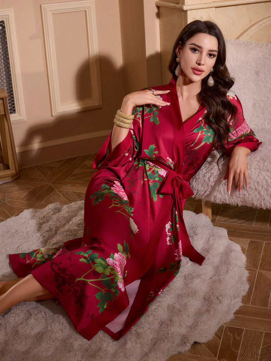 Red Peony Satin Kimono Robe