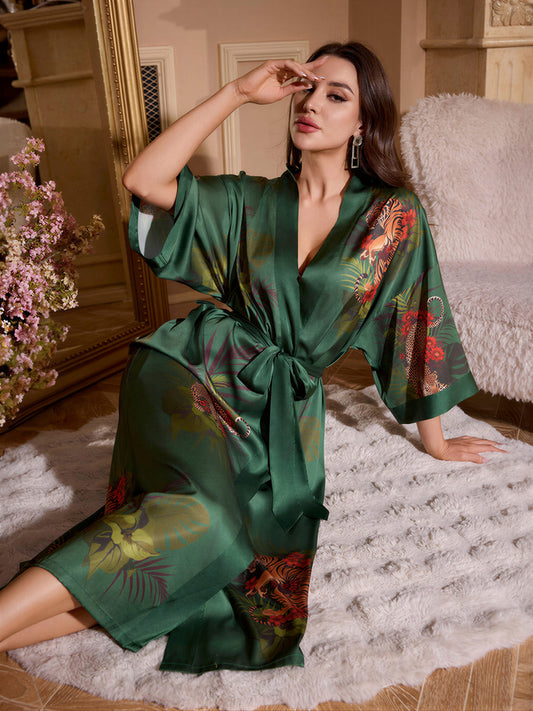 Green Leopard Print Satin Kimono Robe