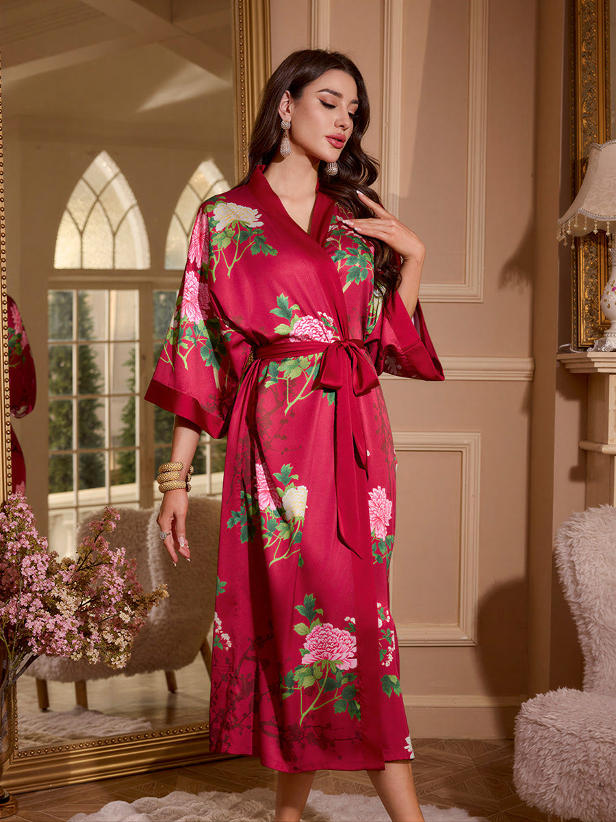 Red Peony Satin Kimono Robe