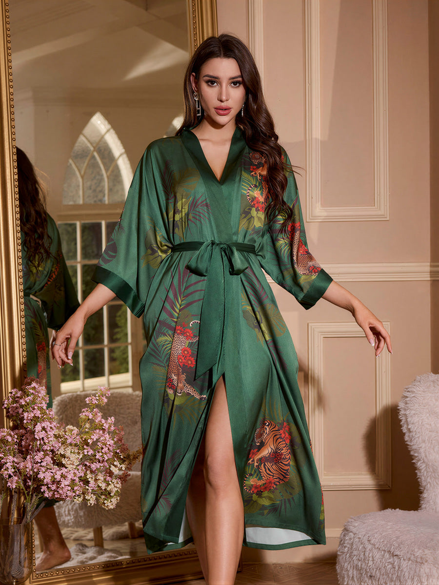 Green Leopard Print Satin Kimono Robe