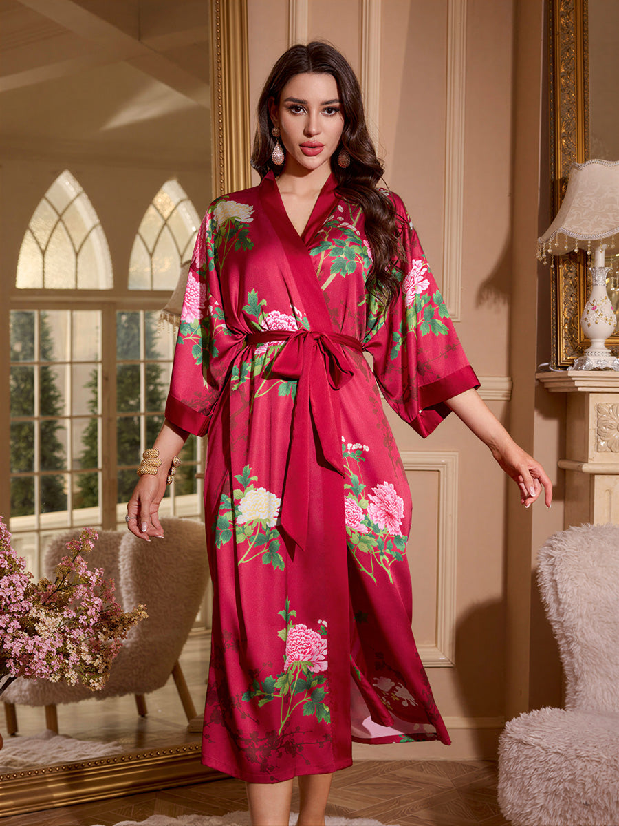 Red Peony Satin Kimono Robe