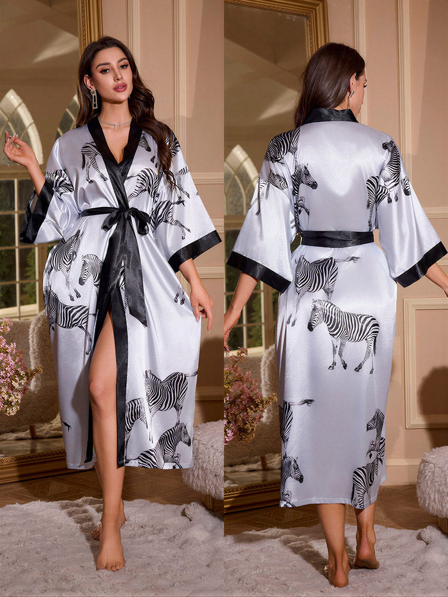 Zebra Print Satin Kimono Robe
