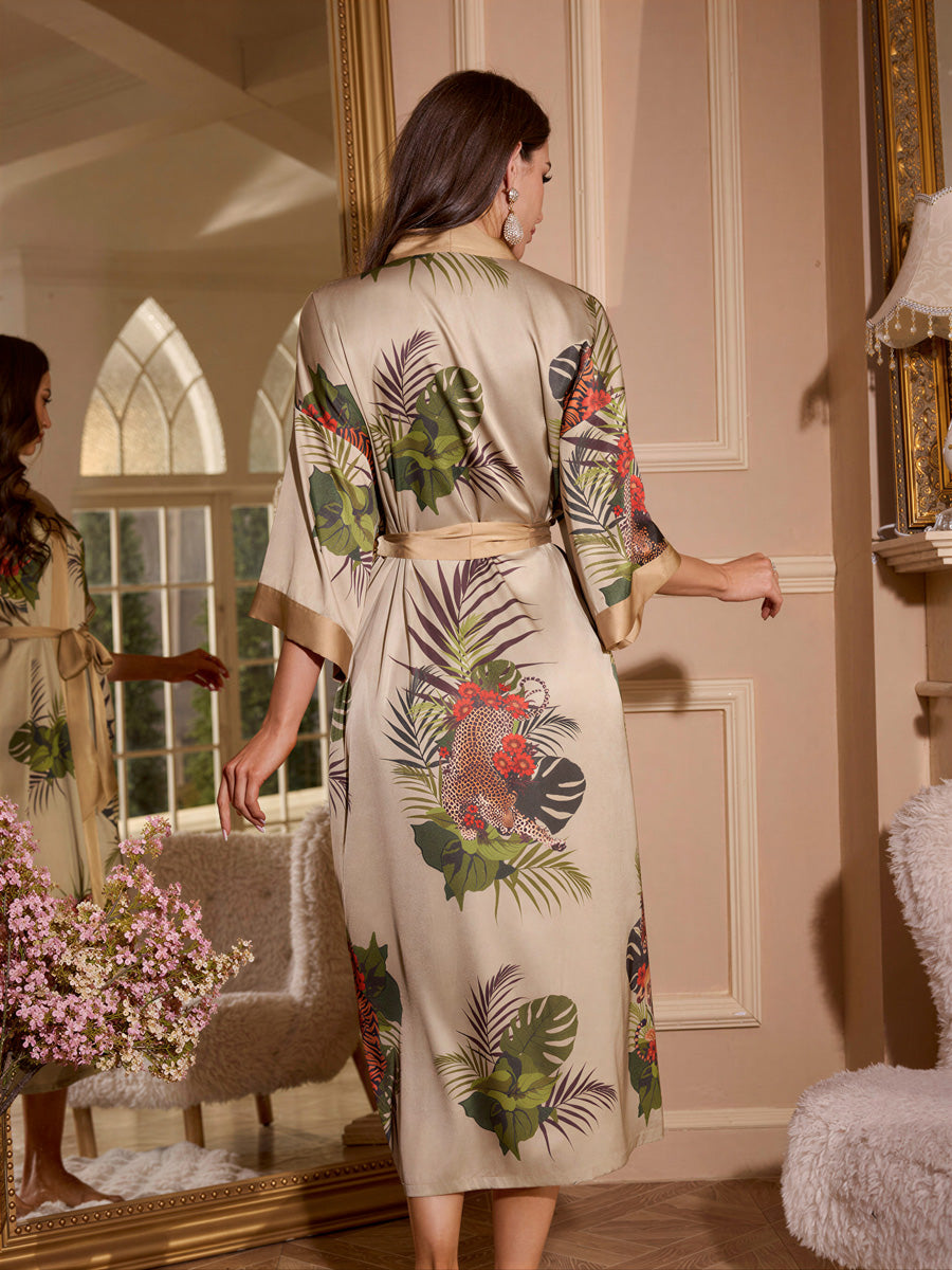 Tropical Print Satin Kimono Robe