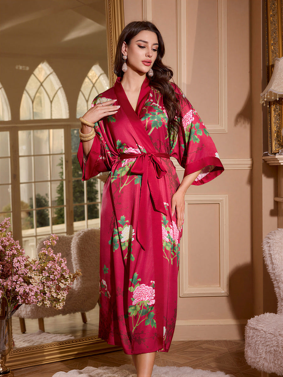 Red Peony Satin Kimono Robe
