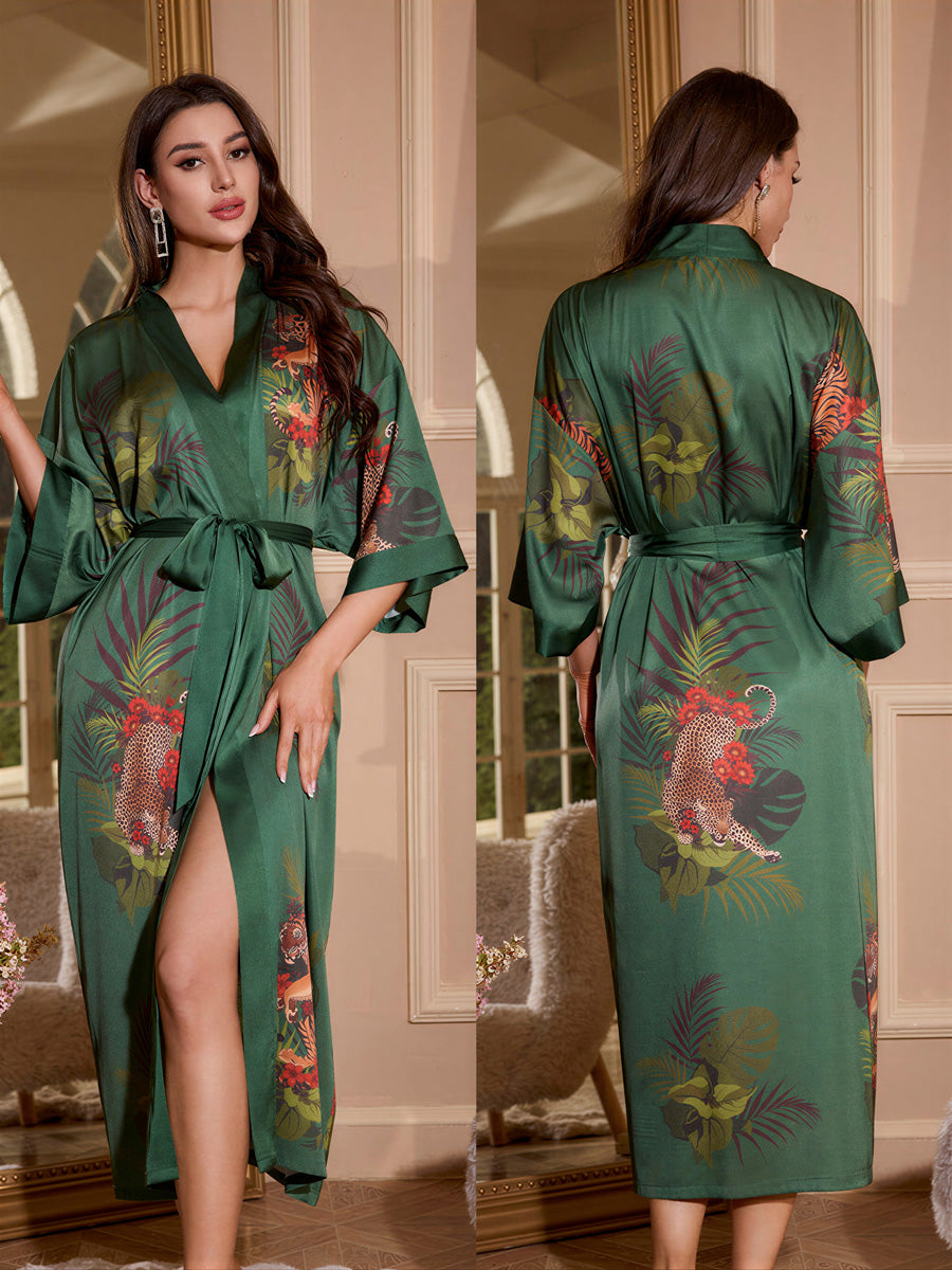 Green Leopard Print Satin Kimono Robe
