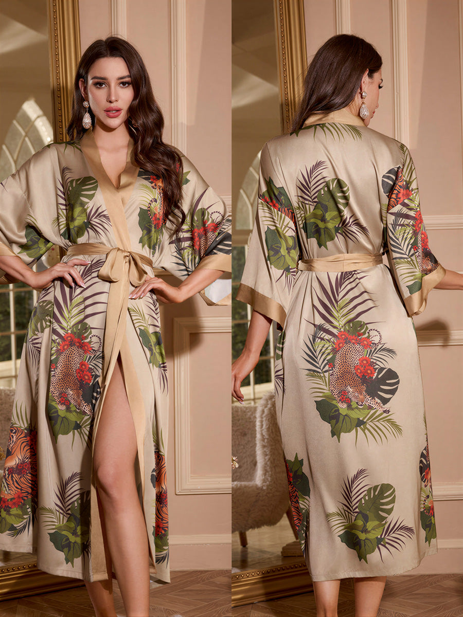 Tropical Print Satin Kimono Robe