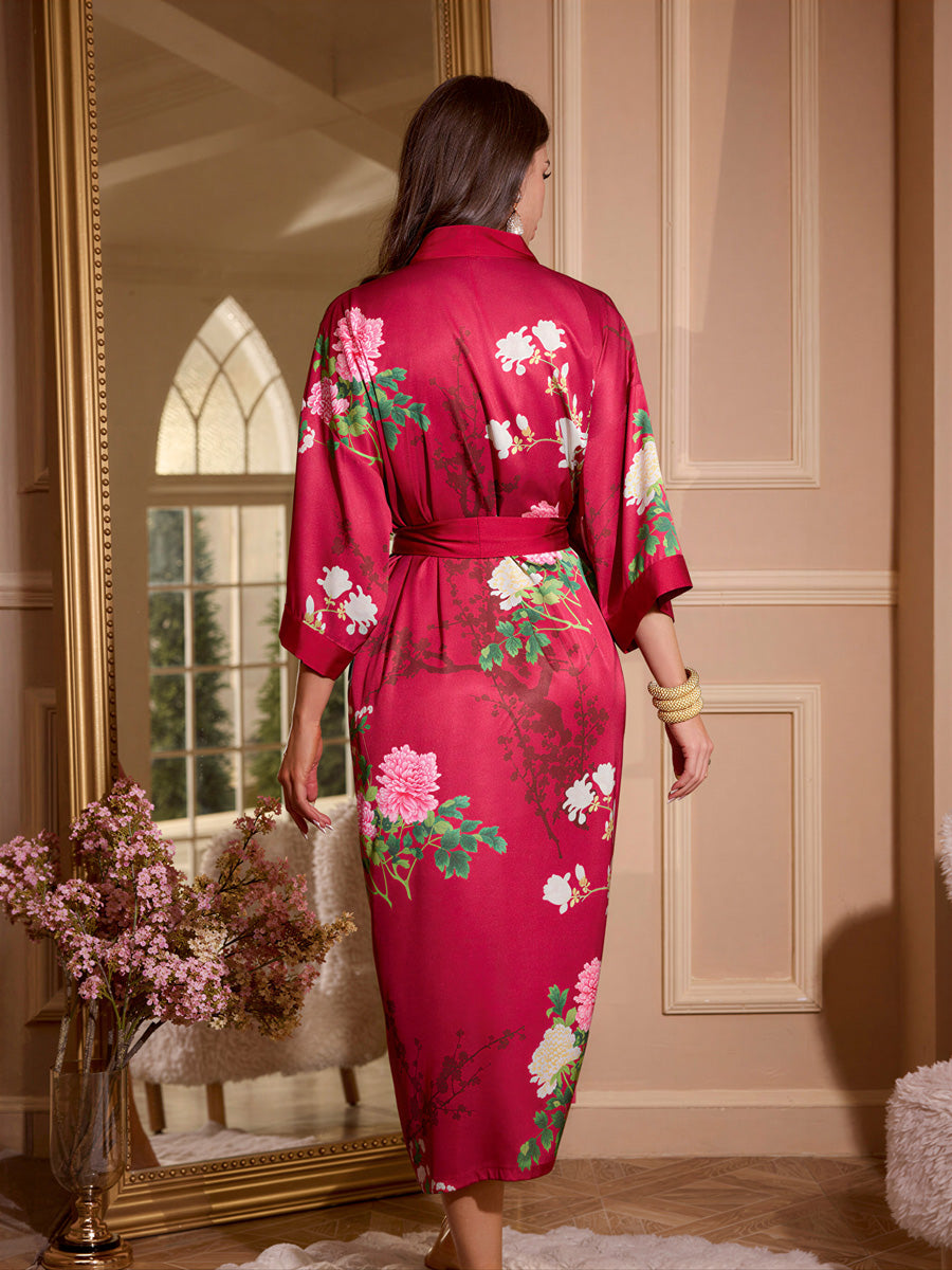 Red Peony Satin Kimono Robe