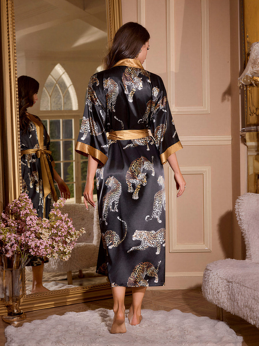 Leopard Print Silky Kimono Robe