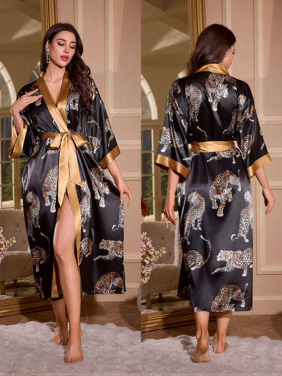 Leopard Print Silky Kimono Robe