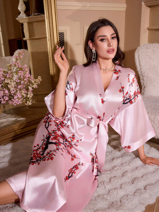 Pink Plum Blossom Silky Kimono Robe