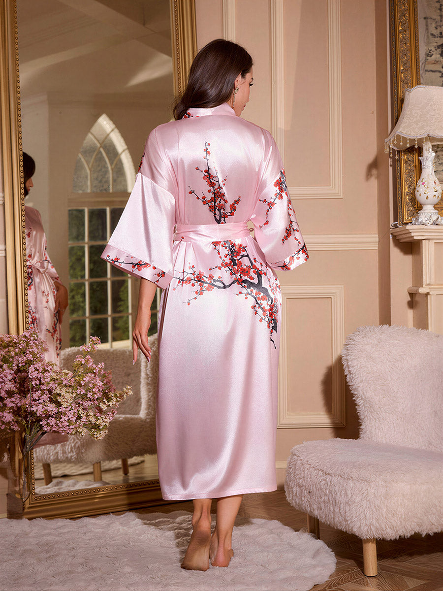 Pink Plum Blossom Silky Kimono Robe