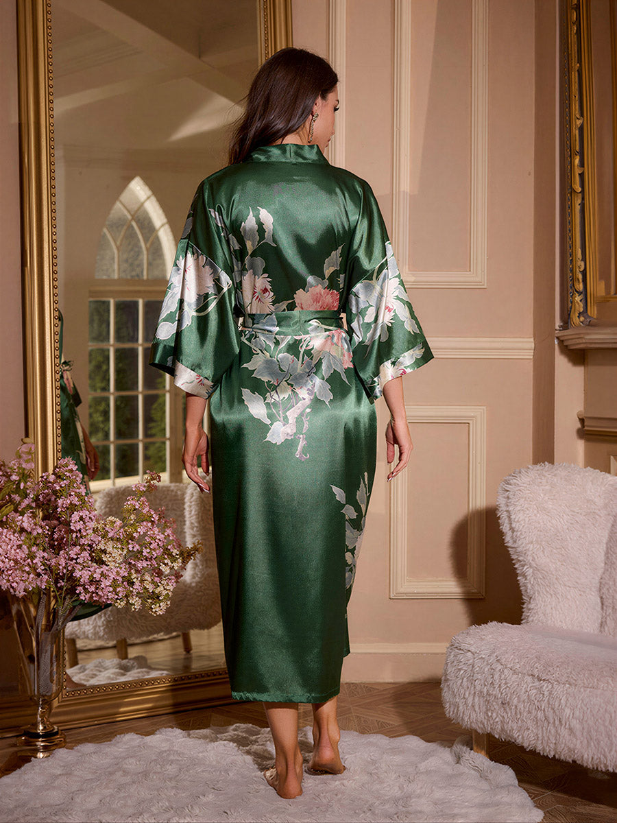 Emerald Peony Silky Kimono Robe
