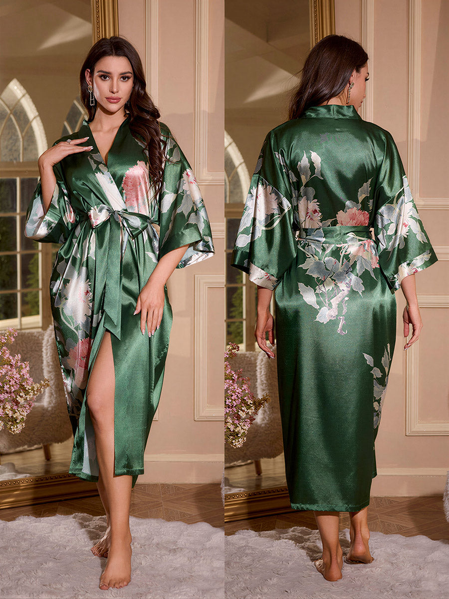 Emerald Peony Silky Kimono Robe