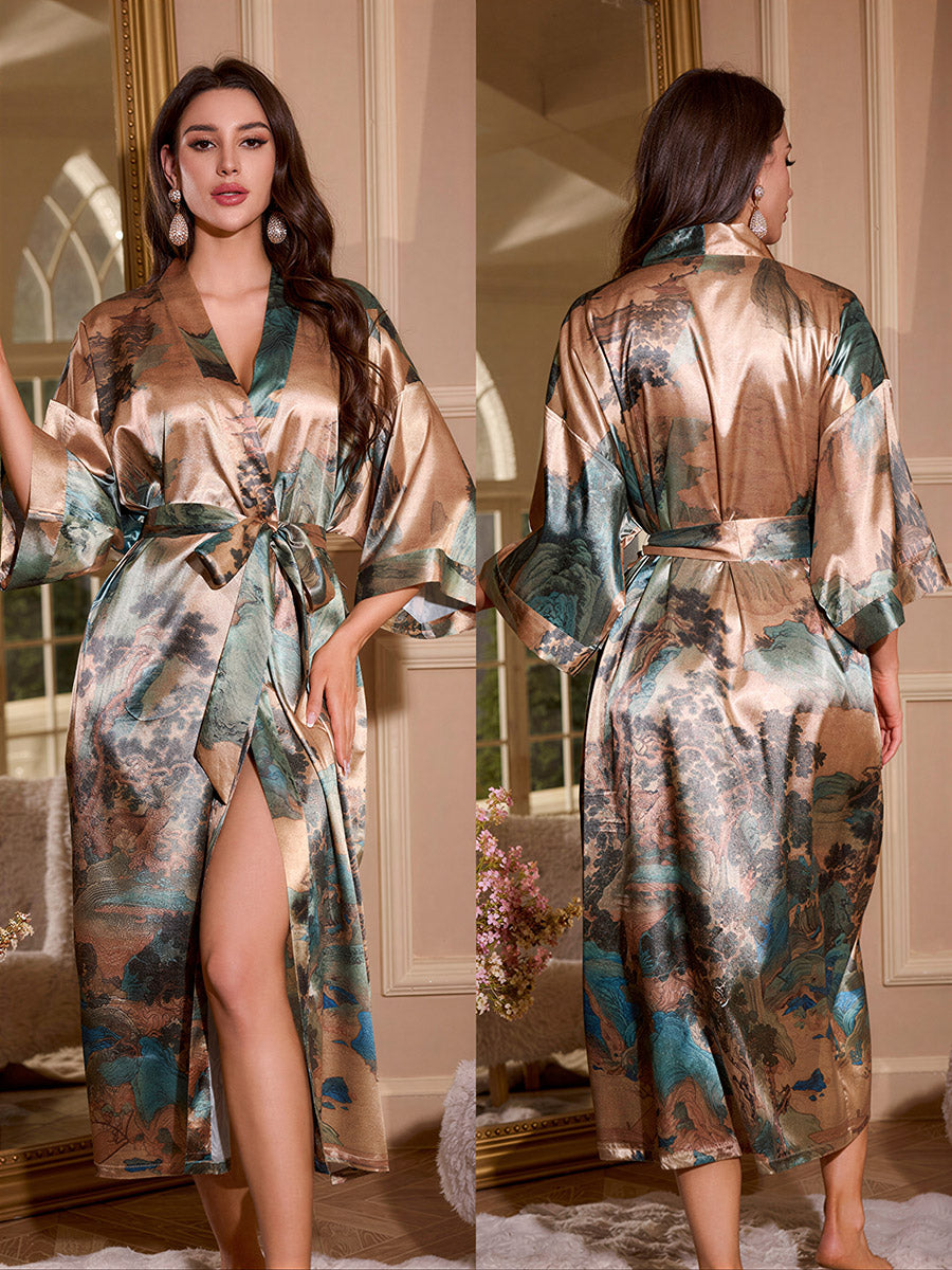 Landscape Print Silky Kimono Robe