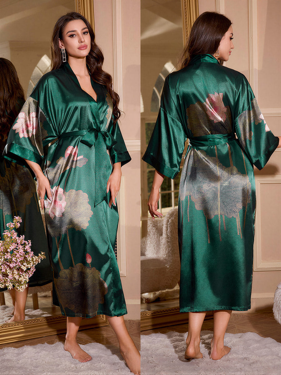 Emerald Lotus Silky Kimono Robe