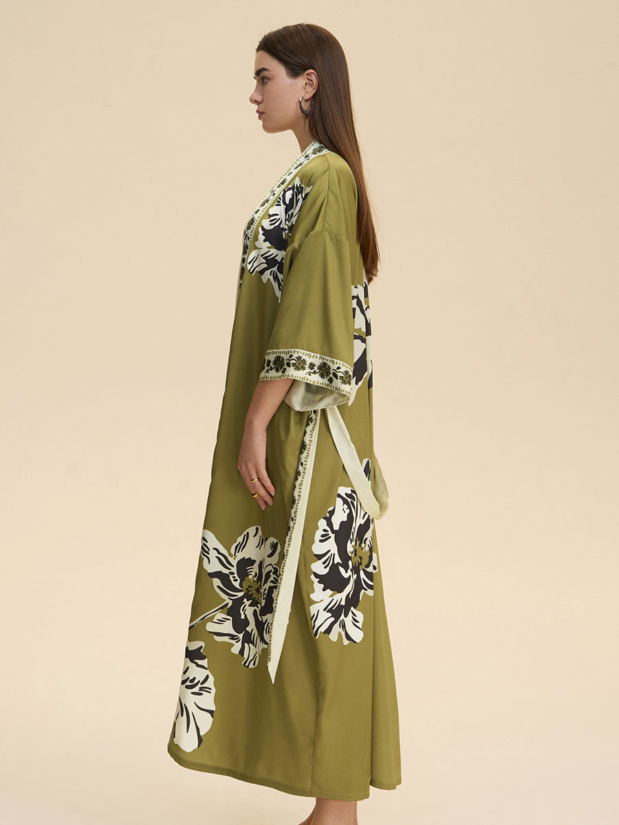 Olive Green Floral Satin Kimono Robe