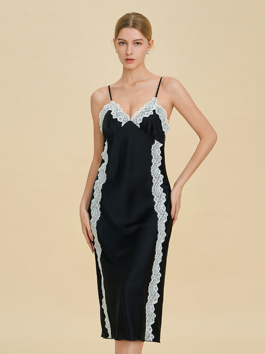 Black Satin Midi Slip Dress with Contrast Lace Trim