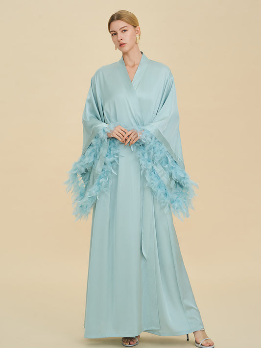 Light Blue Satin Maxi Robe with Oversized Feather Cuffs