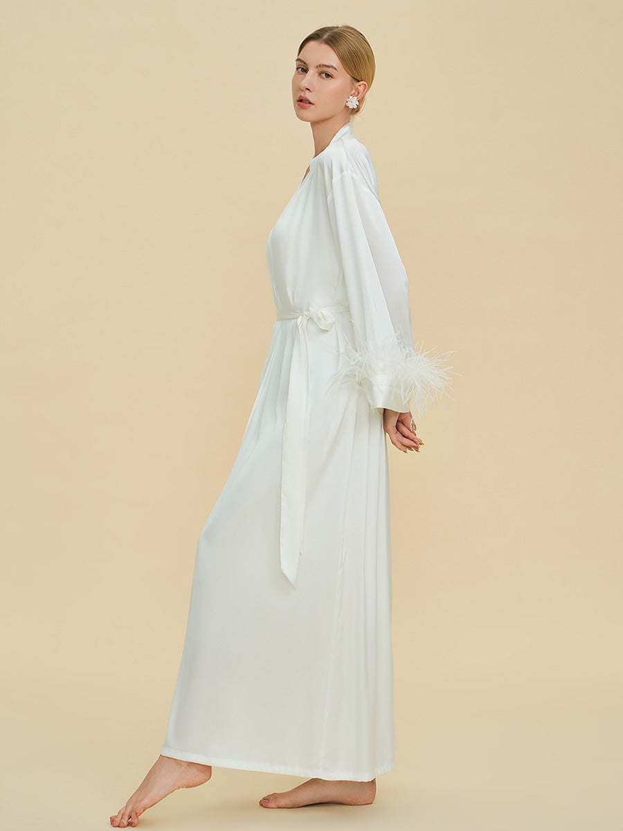 White Satin Maxi Robe with Feather Cuffs