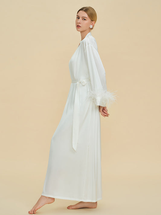 White Satin Maxi Robe with Feather Cuffs