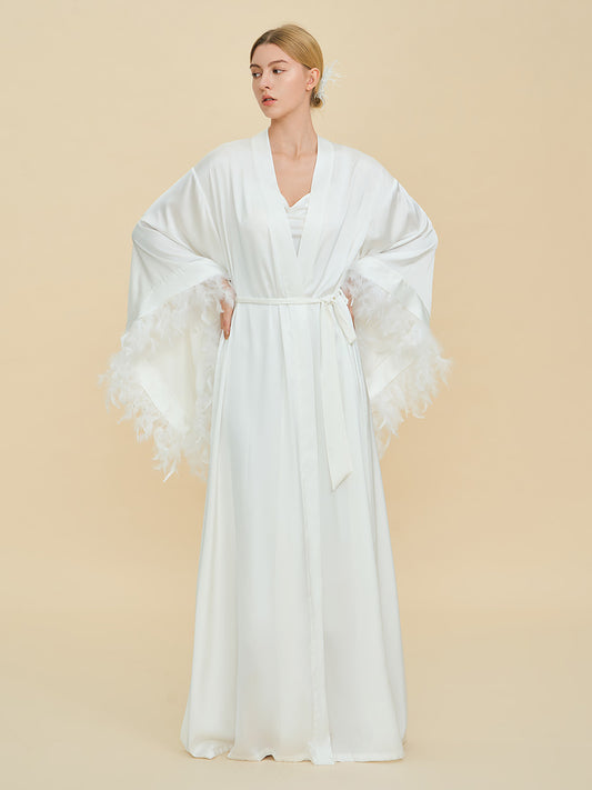 White Satin Maxi Robe with Oversized Feather Cuffs