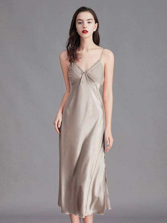 Light Grey Silky Lace Trim Slip Dress