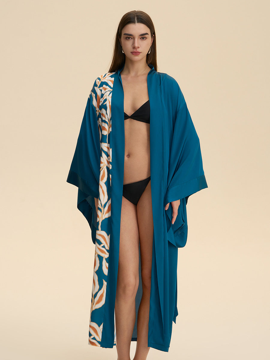 Teal Leaf Print Satin Kimono Robe