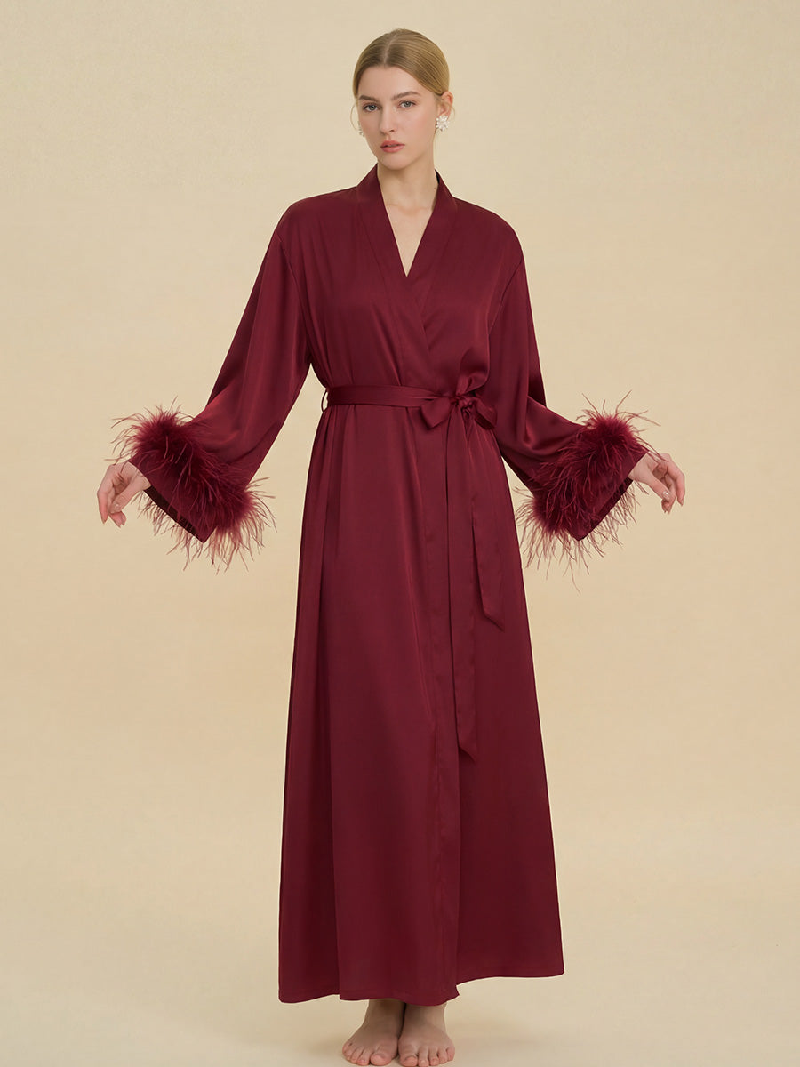 Burgundy Satin Maxi Robe with Feather Cuffs