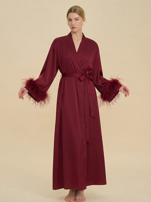 Burgundy Satin Maxi Robe with Feather Cuffs