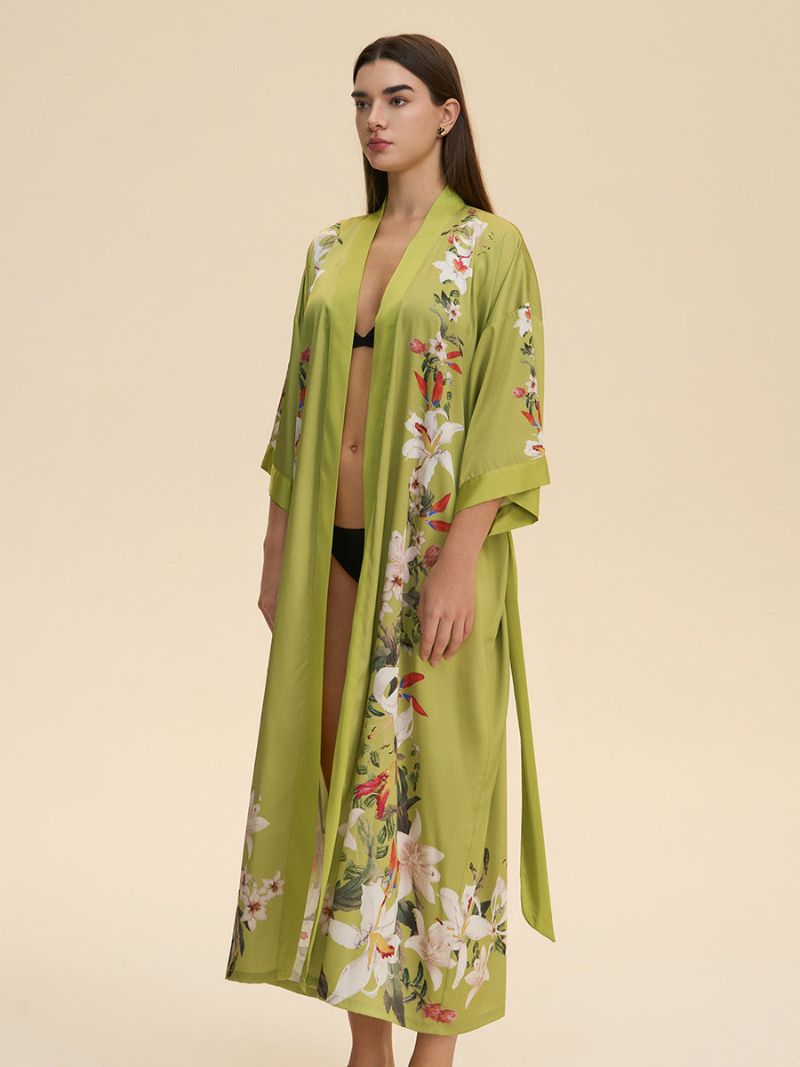 Lily Print Satin Kimono Robe