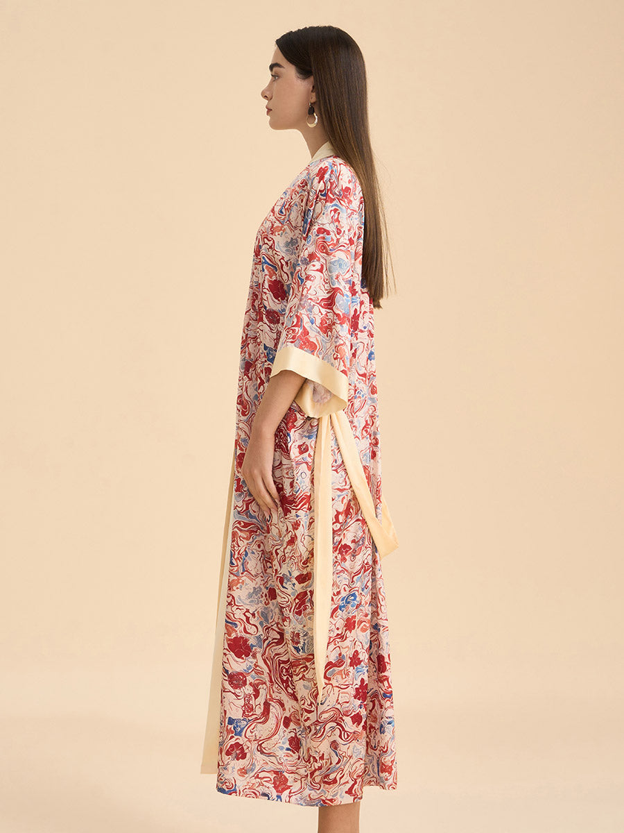Artistic Marble Print Satin Kimono Robe