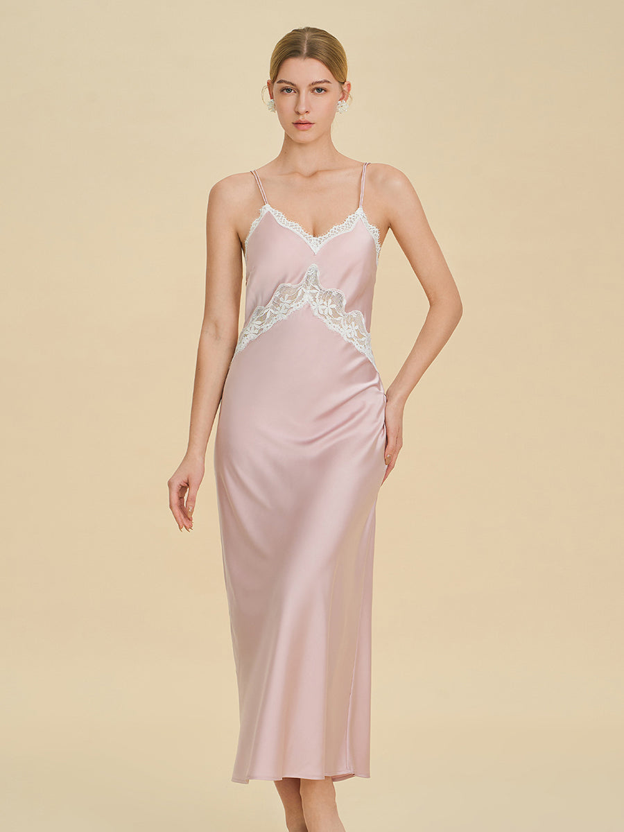 Blush Pink Satin Maxi Slip Dress with Lace Trim