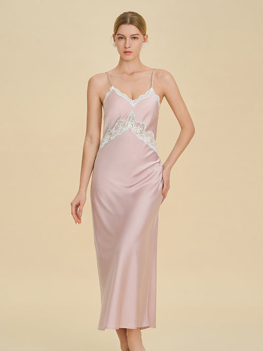 Blush Pink Satin Maxi Slip Dress with Lace Trim