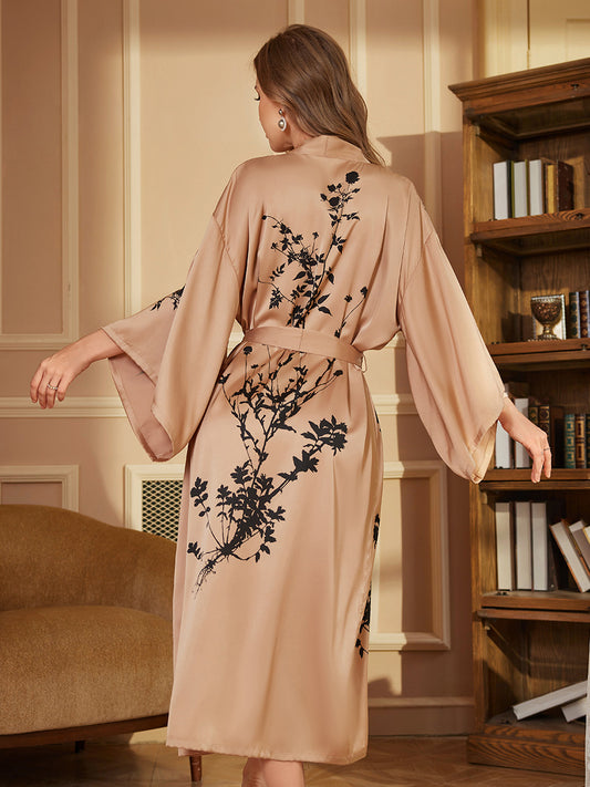 Beige Floral Satin Kimono Robe
