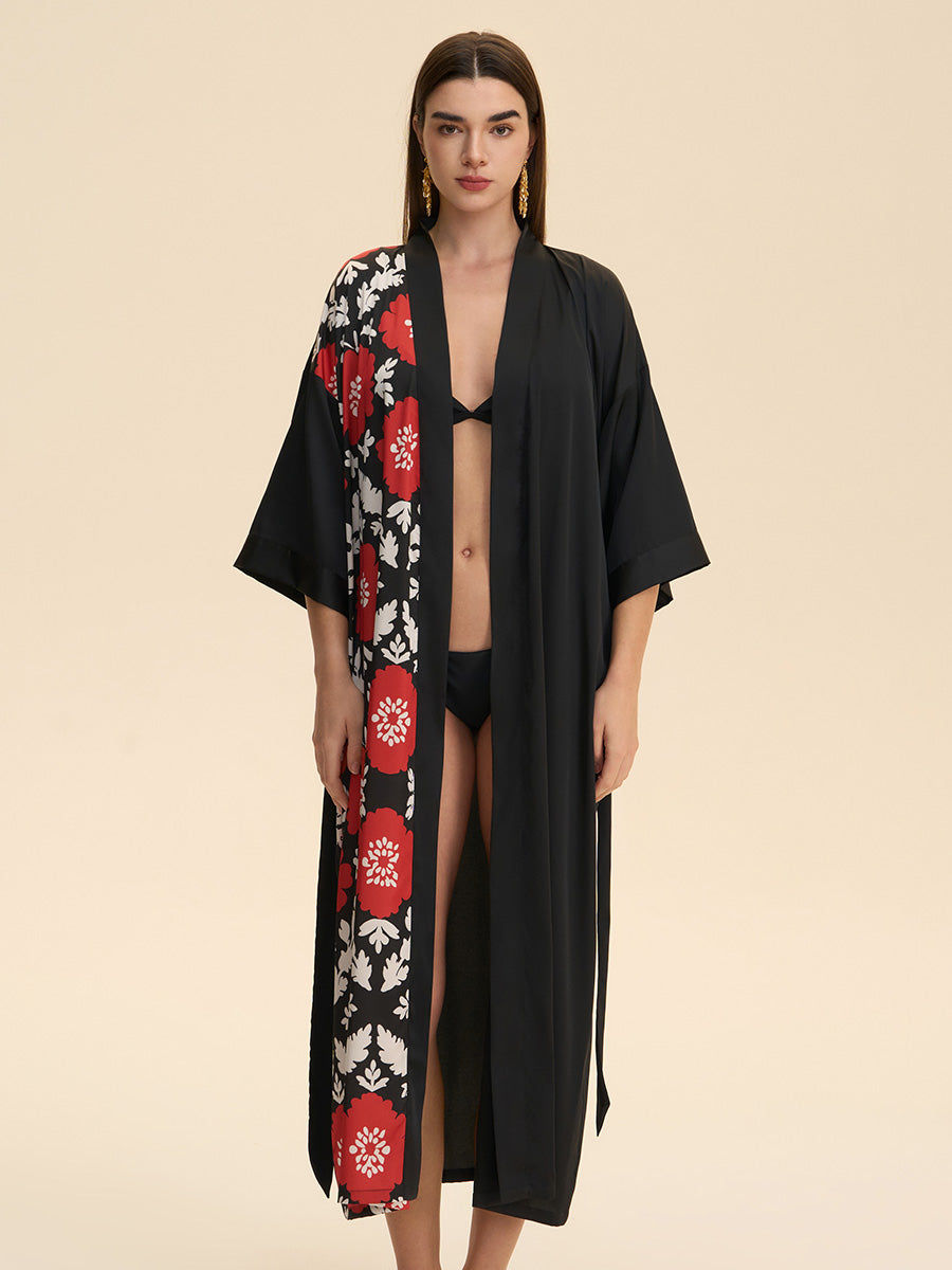 Bold Floral Colorblock Satin Kimono Robe
