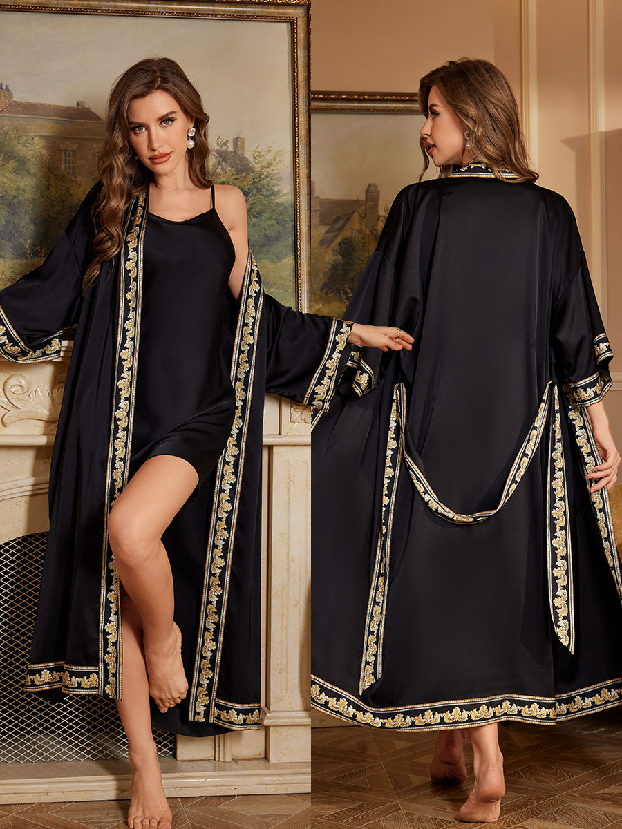 Black Trim Satin Chiffon Kimono Robe
