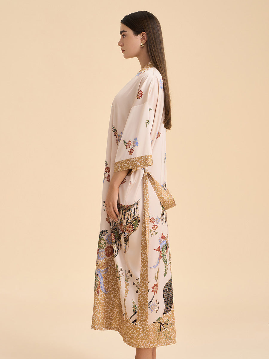 Oriental Bird & Floral Satin Kimono Robe