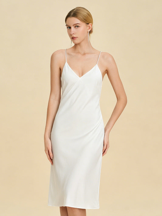 White Satin Midi Slip Dress with Crisscross Back