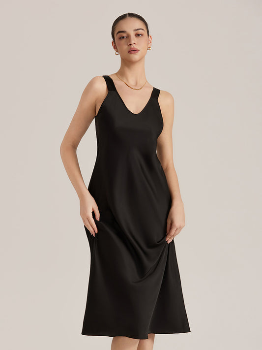 Satin Chiffon V-Neck Midi Slip Dress
