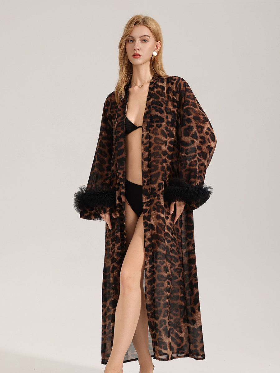 Leopard Print Satin Robe with Tulle Cuffs