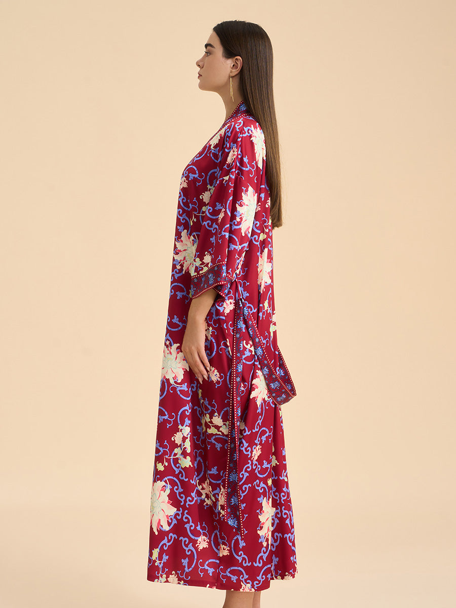 Crimson Floral Satin Kimono Robe