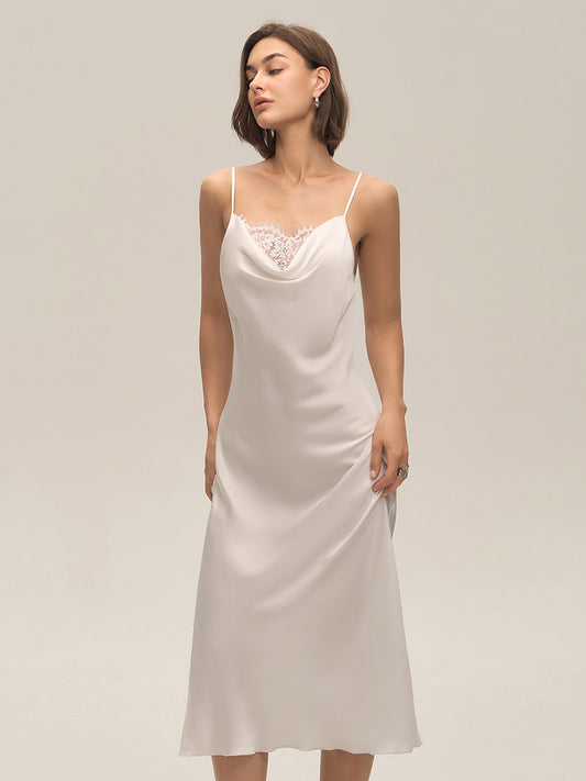 Ivory Cowl Neck Lace Satin Midi Slip Dress
