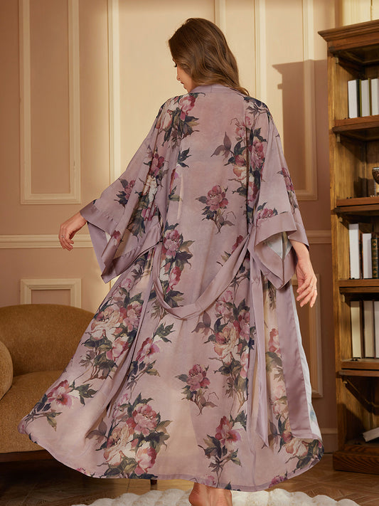 Dusty Pink Floral Pearl Chiffon Kimono Robe