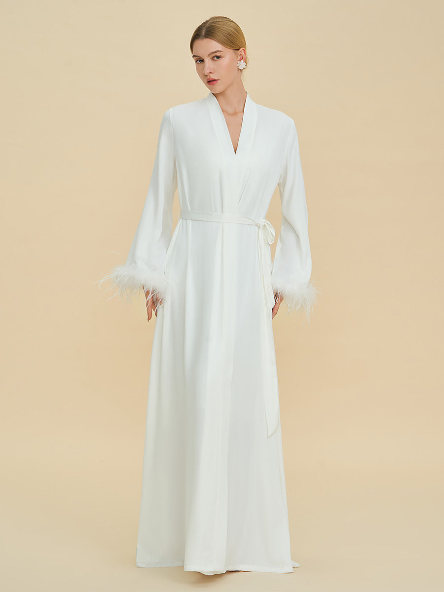 White Satin Maxi Robe with Feather Cuffs