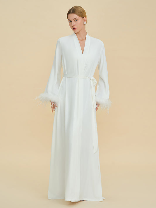 White Satin Maxi Robe with Feather Cuffs