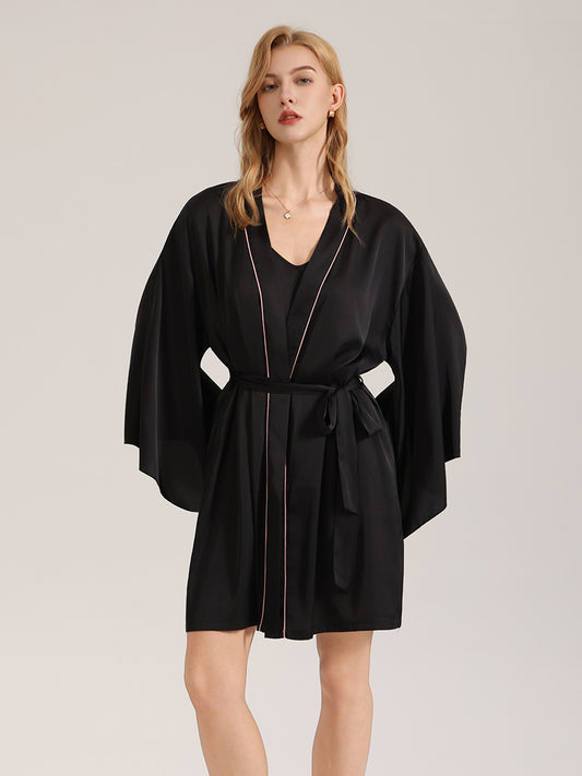 Black Satin Robe with Pink Piping