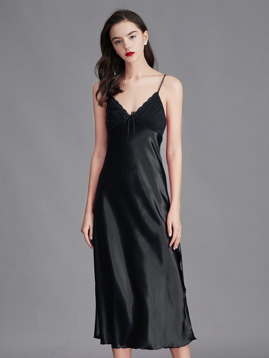 Black Silky Lace Trim Slip Dress