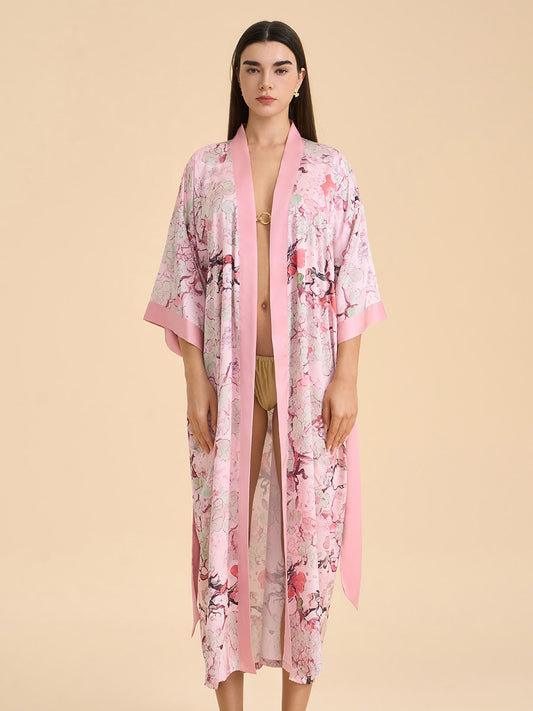 Pink Oriental Vine Satin Kimono Robe